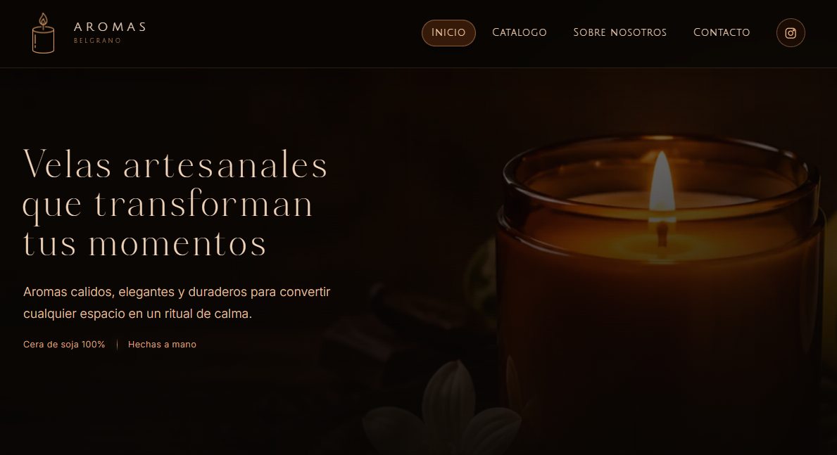 Captura del sitio web de Aromas Belgrano: velas artesanales